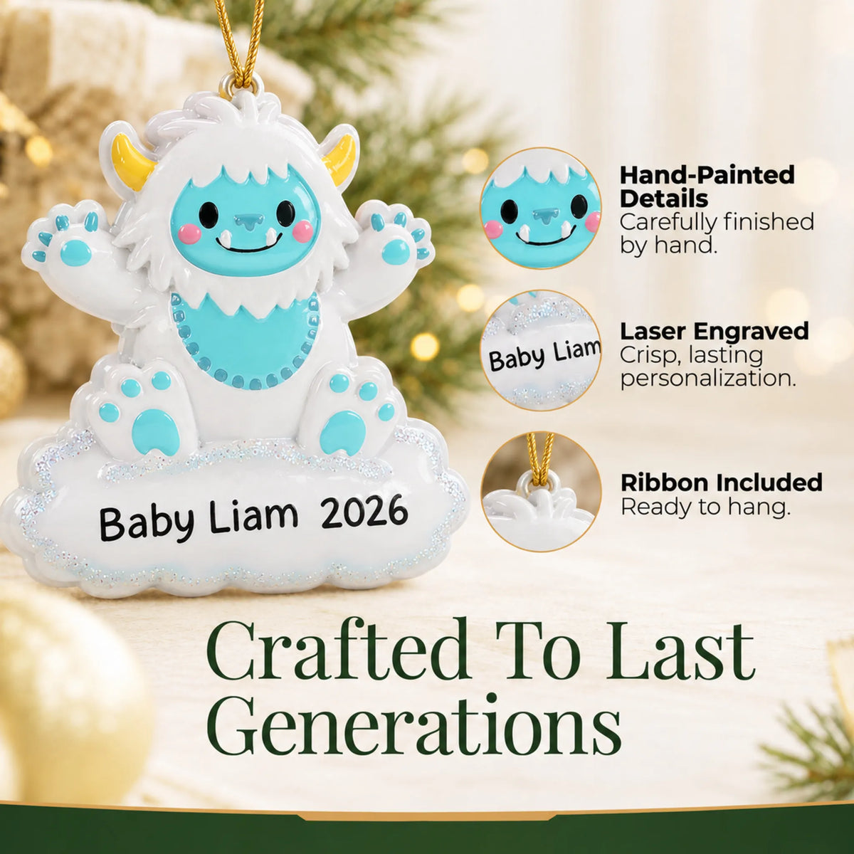 Hand-painted details and laser engraved personalization on the blue baby boy yeti christmas ornament, ribbon included