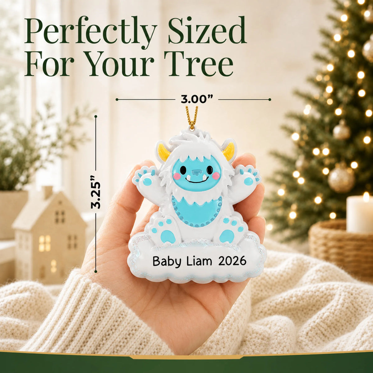 Size guide: the personalized blue baby boy yeti christmas ornament is 3.00 in wide by 3.25 in tall, shown in hand