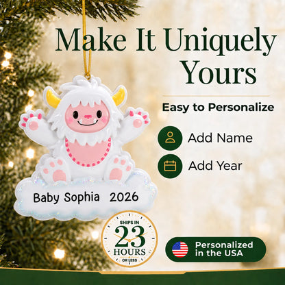 Make it yours: add name and year to the personalized pink baby girl yeti christmas ornament