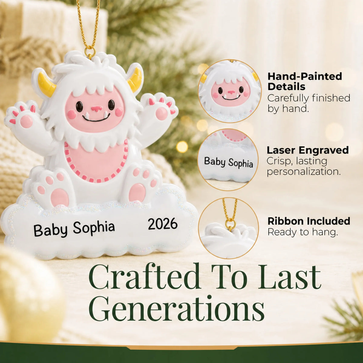 Hand-painted details and laser engraved personalization on the pink baby girl yeti christmas ornament, ribbon included