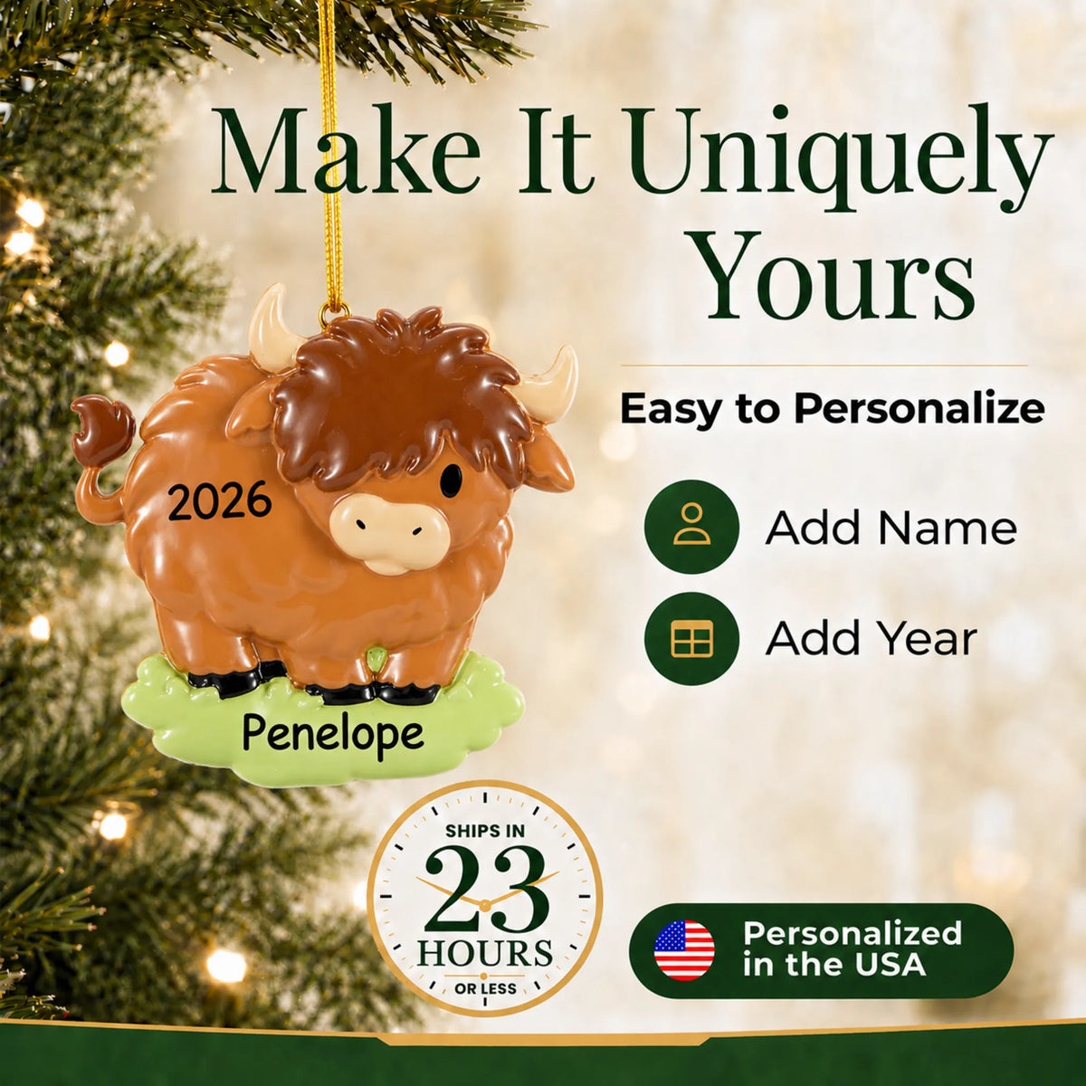 Make it yours: add a name and year to the personalized highland cow christmas ornament