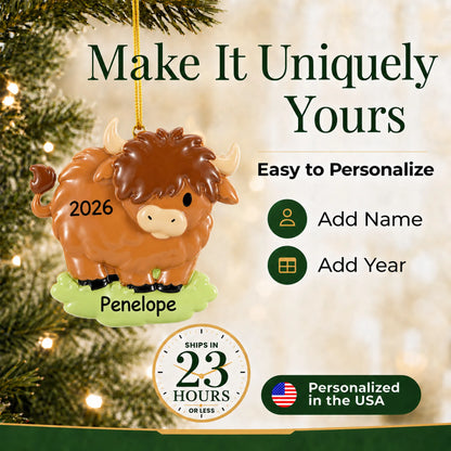 Make it yours: add a name and year to the personalized highland cow christmas ornament