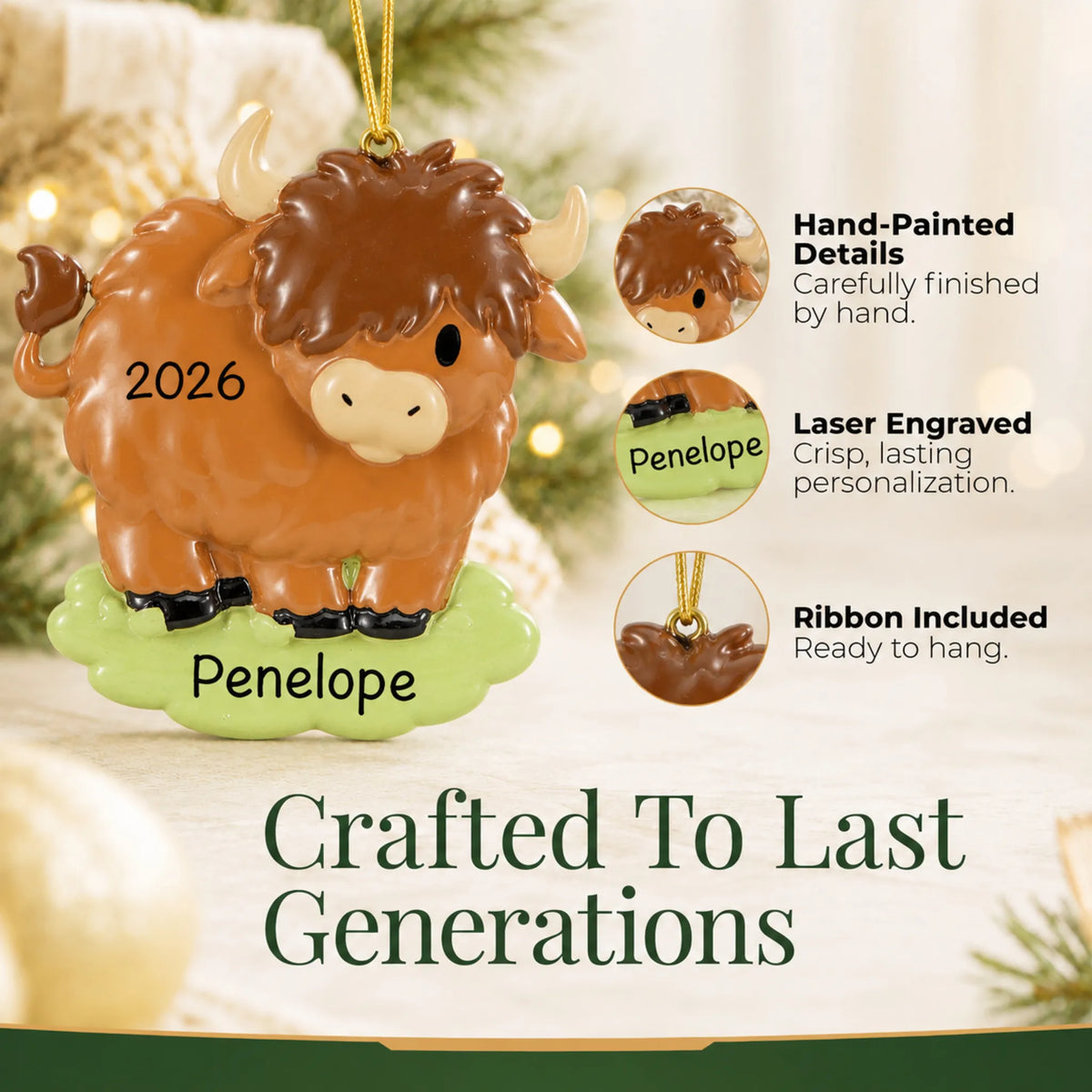 Hand-painted details and laser engraved personalization on the highland cow christmas ornament, ribbon included