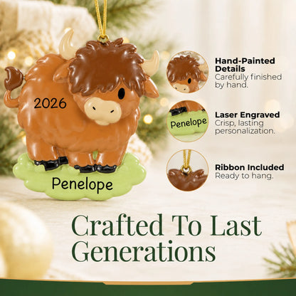 Hand-painted details and laser engraved personalization on the highland cow christmas ornament, ribbon included