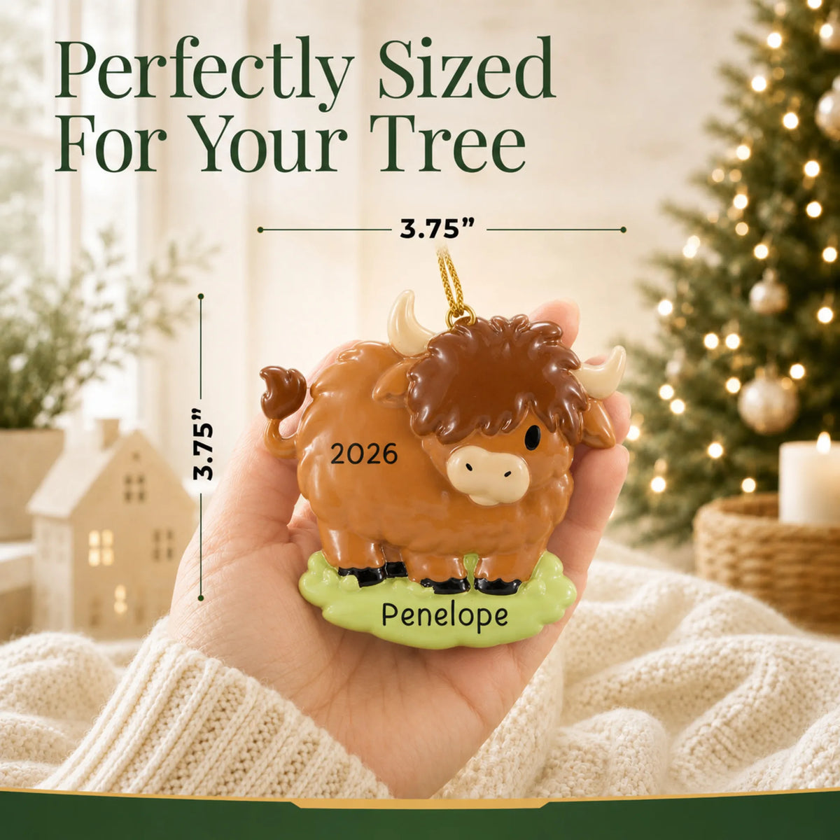 Size guide: the personalized highland cow christmas ornament is 3.75 in wide by 3.75 in tall, shown in hand