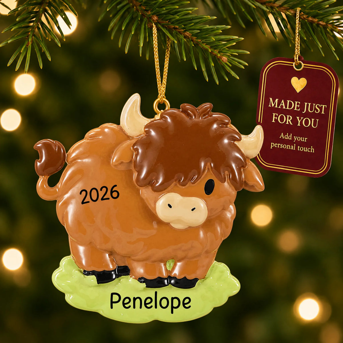 Highland cow christmas ornament hanging on a lit Christmas tree with a Made Just For You gift tag