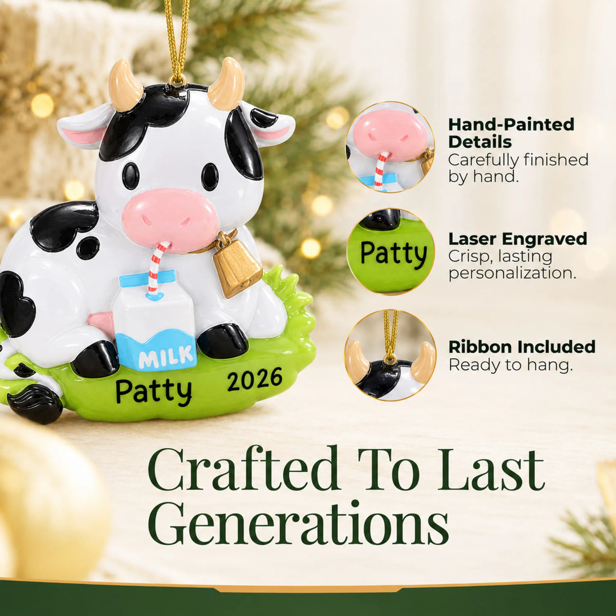 Hand-painted details and laser engraved personalization on the dairy cow christmas ornament, ribbon included
