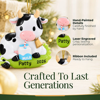 Hand-painted details and laser engraved personalization on the dairy cow christmas ornament, ribbon included