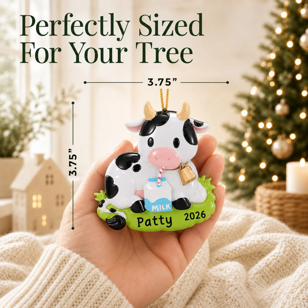 Size guide: the personalized dairy cow christmas ornament is 3.75 in wide by 3.75 in tall, shown in hand