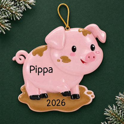 Personalized pig christmas ornament on a dark green pine background
