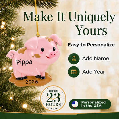 Make it yours: add a name and year to the personalized pig christmas ornament