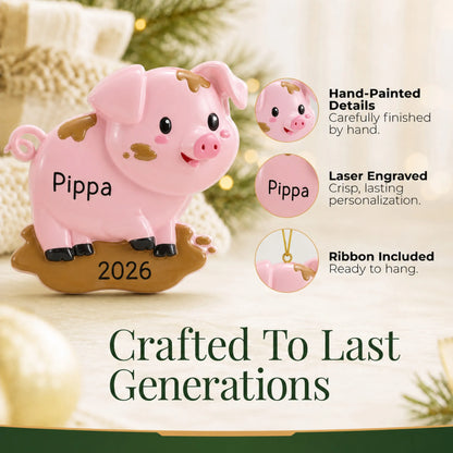Hand-painted details and laser engraved personalization on the pig christmas ornament, ribbon included