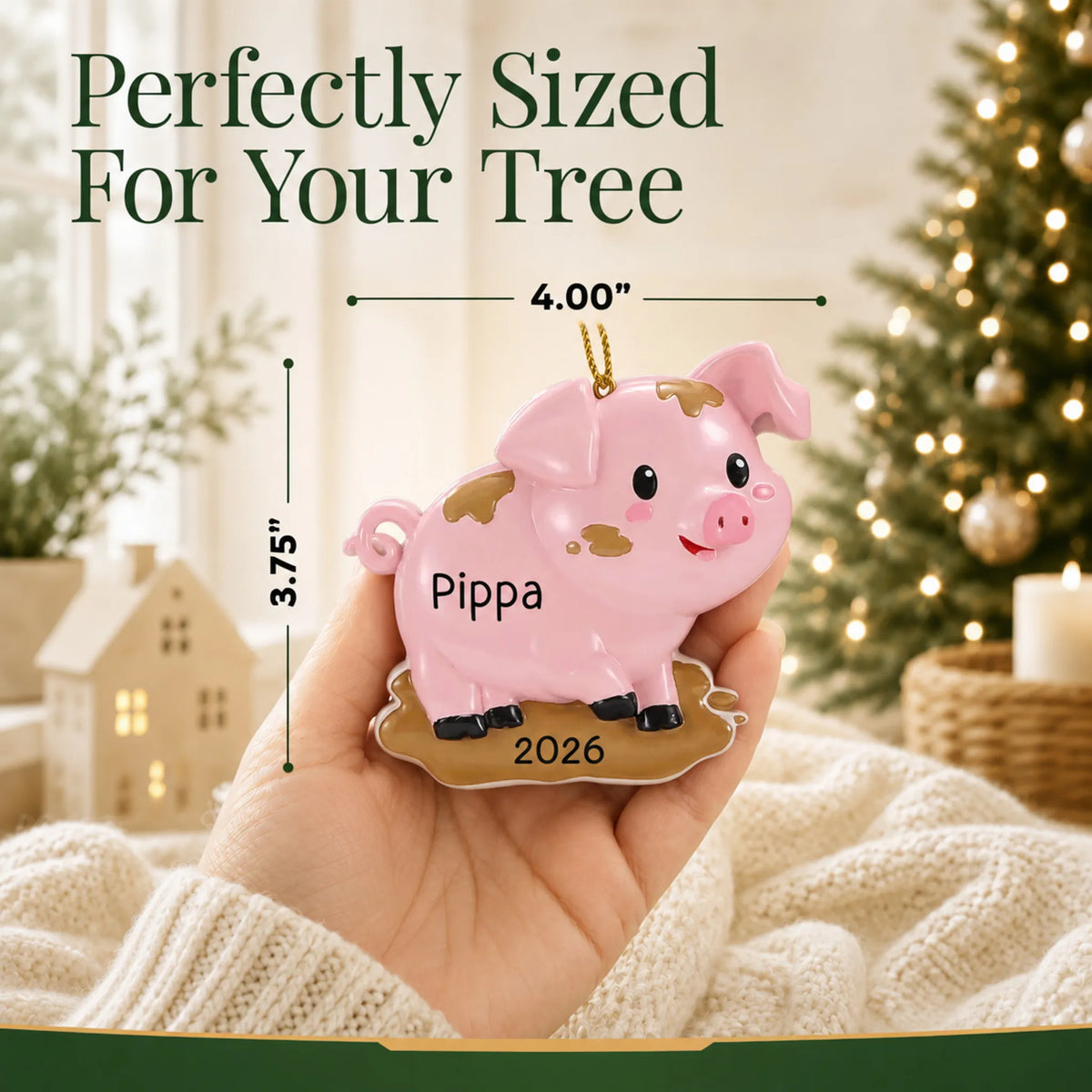Size guide: the personalized pig christmas ornament is 4.00 in wide by 3.75 in tall, shown in hand