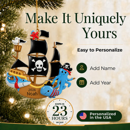 Make it yours: add name and year to the personalized pirate ship christmas ornament