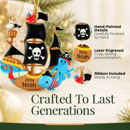 Hand-painted details and laser engraved personalization on the pirate ship christmas ornament, ribbon included