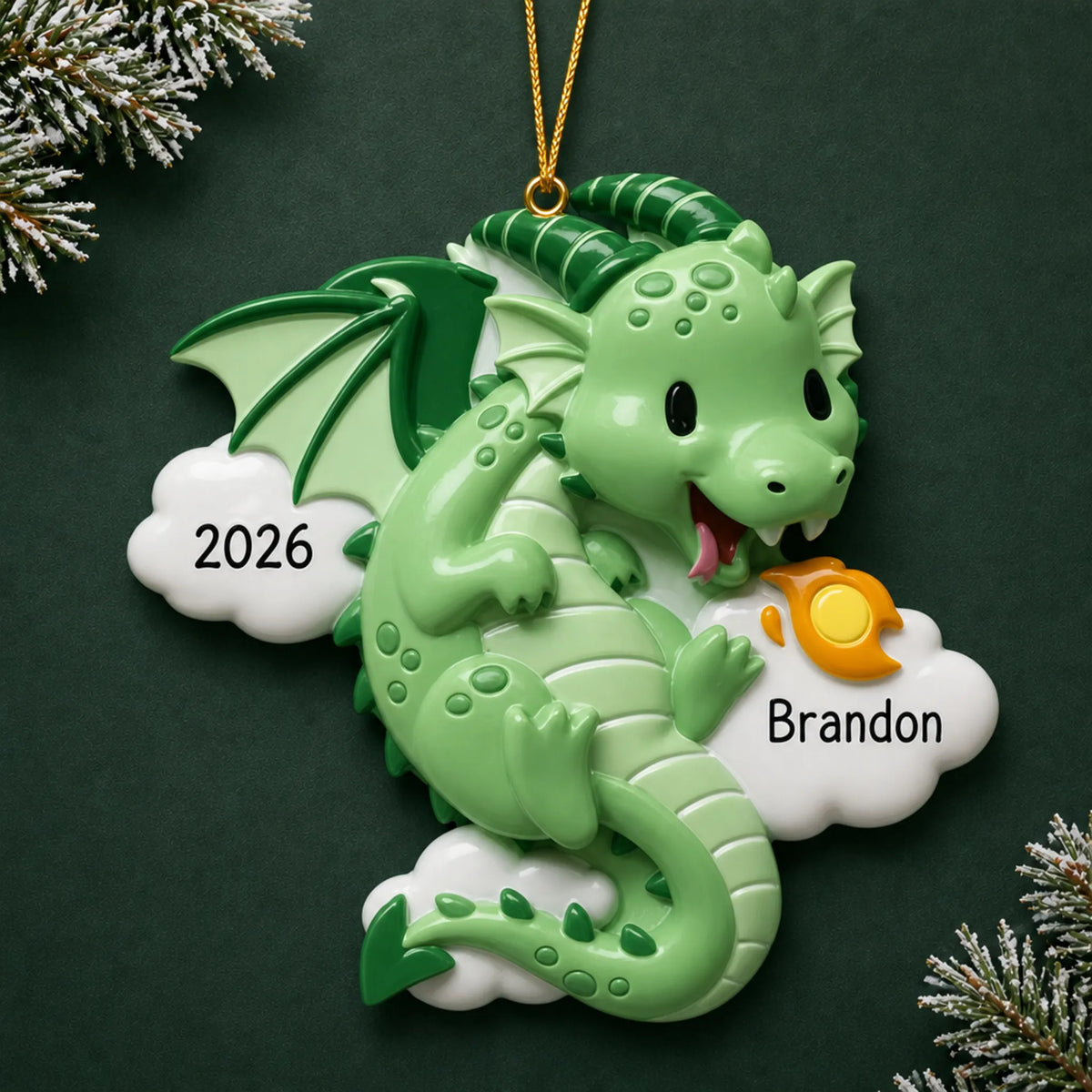 Personalized green dragon christmas ornament on a dark green pine background
