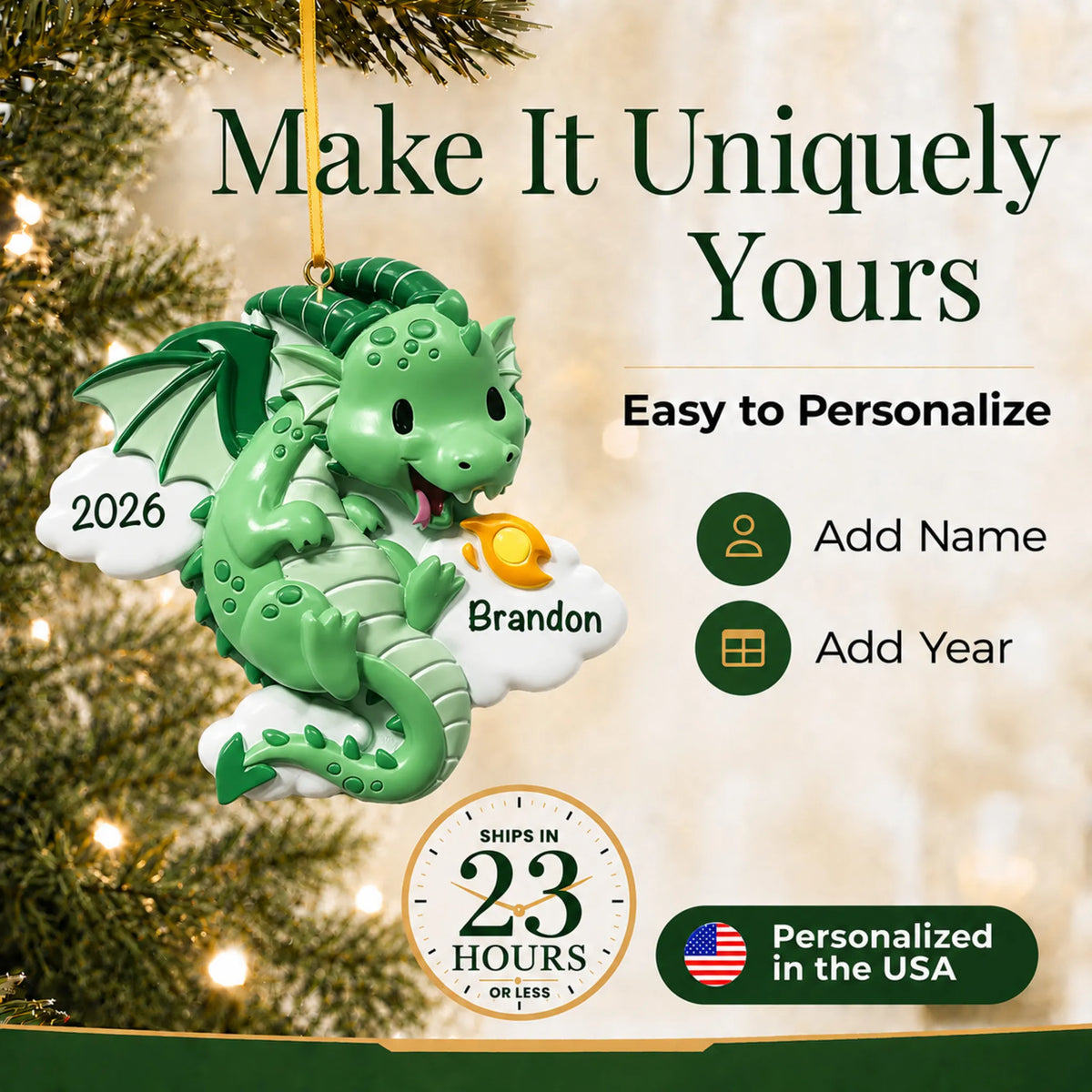Make it yours: add a name and year to the personalized green dragon christmas ornament