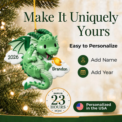 Make it yours: add a name and year to the personalized green dragon christmas ornament