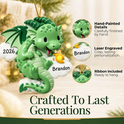 Hand-painted details and laser engraved personalization on the green dragon christmas ornament, ribbon included