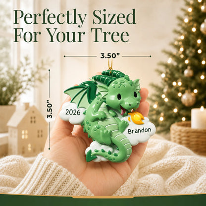 Size guide: the personalized green dragon christmas ornament is 3.50 in wide by 3.50 in tall, shown in hand