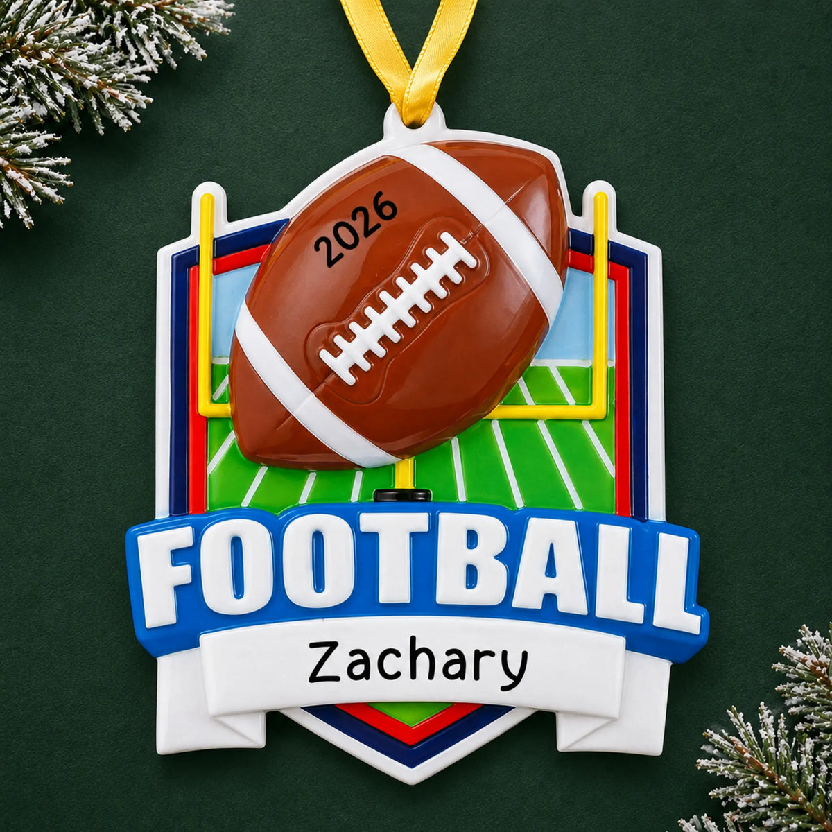 Personalized football collage christmas ornament on a dark green pine background