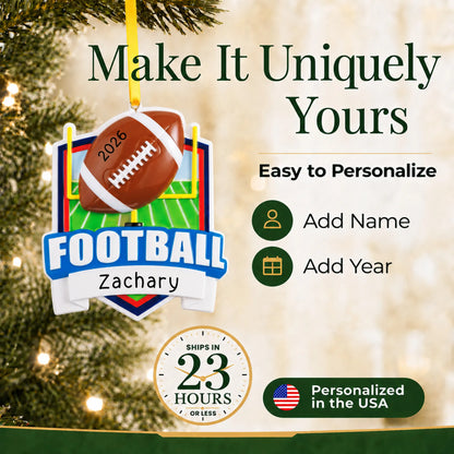 Make it yours: add name and year to the personalized football collage christmas ornament