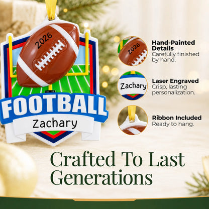 Hand-painted details and laser engraved personalization on the football collage christmas ornament, ribbon included