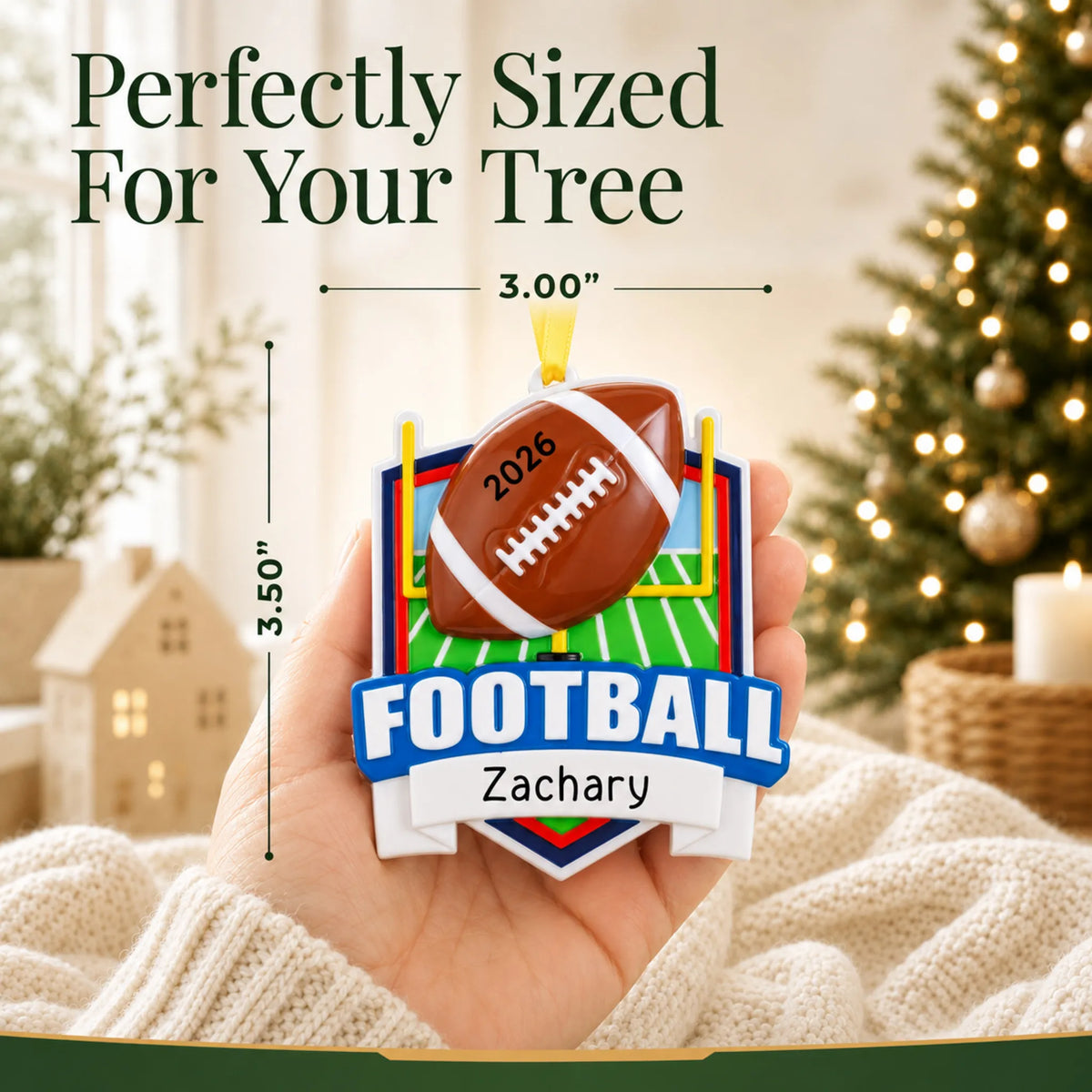 Size guide: the personalized football collage christmas ornament is 3.00 in wide by 3.50 in tall, shown in hand
