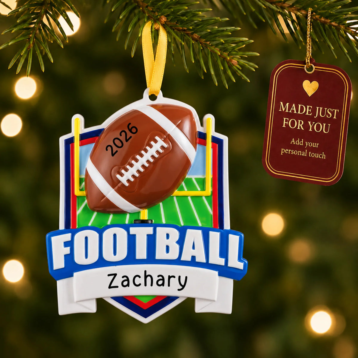 Football collage christmas ornament hanging on a lit Christmas tree with a Made Just For You gift tag