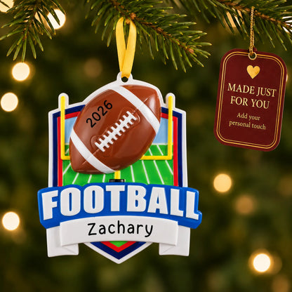 Football collage christmas ornament hanging on a lit Christmas tree with a Made Just For You gift tag