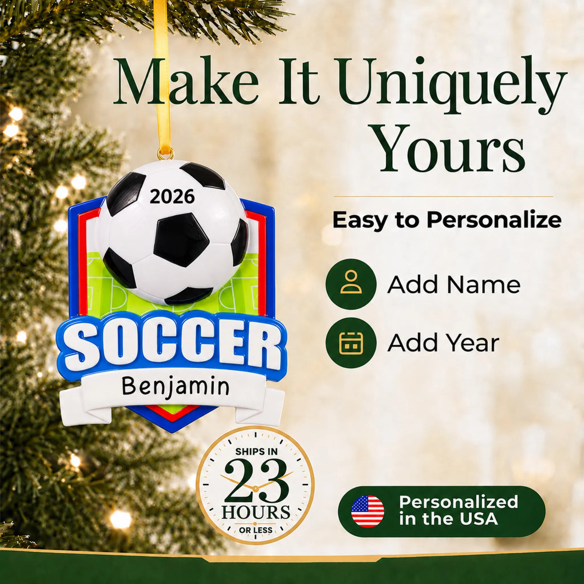 Make it yours: add name and year to the personalized soccer shield christmas ornament