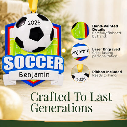 Hand-painted details and laser engraved personalization on the soccer shield christmas ornament, ribbon included