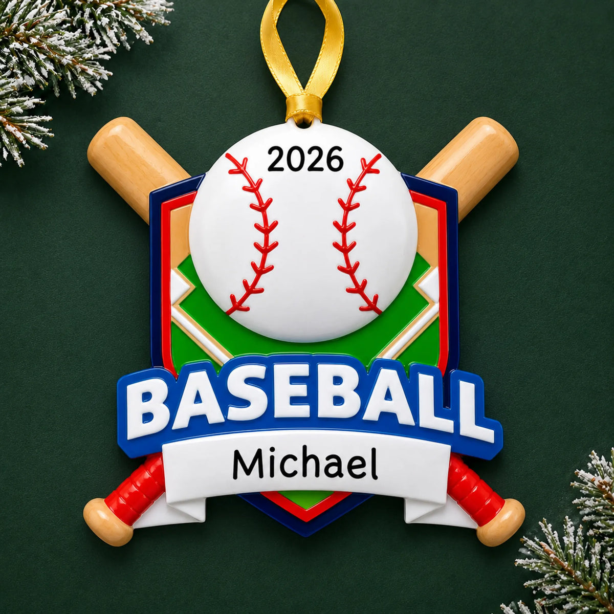 Personalized baseball crossed bats christmas ornament on a dark green pine background