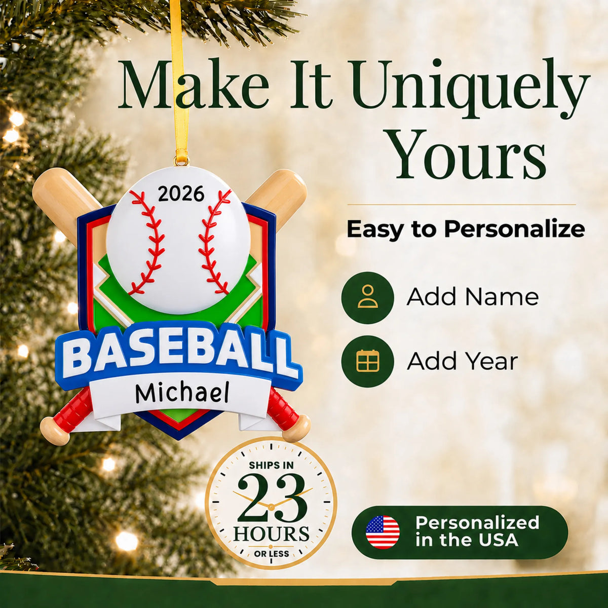 Make it yours: add name and year to the personalized baseball crossed bats christmas ornament