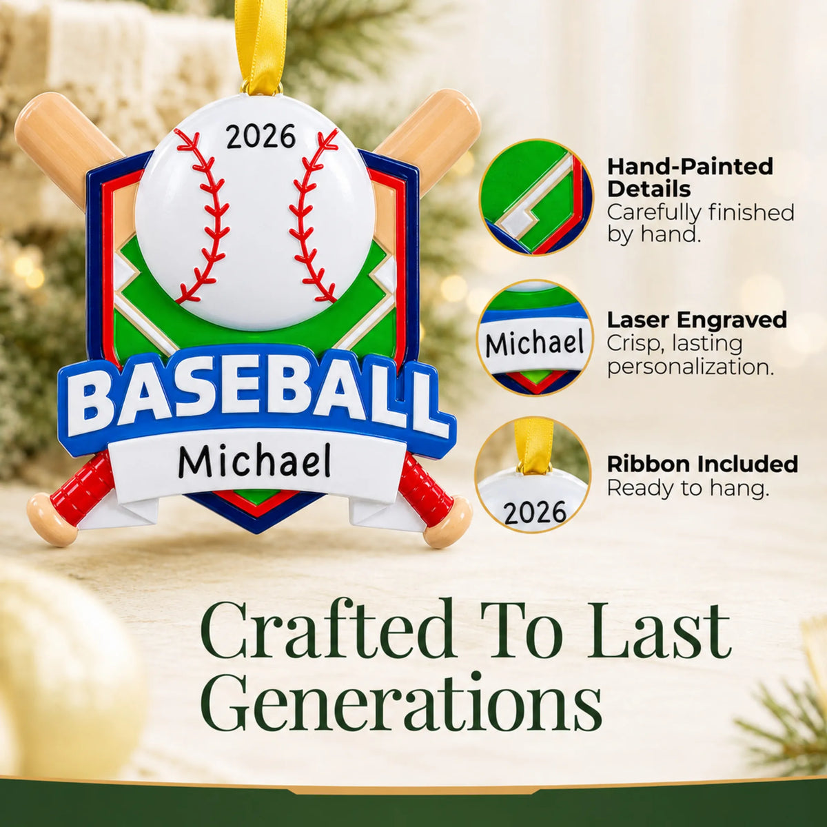 Hand-painted details and laser engraved personalization on the baseball crossed bats christmas ornament, ribbon included