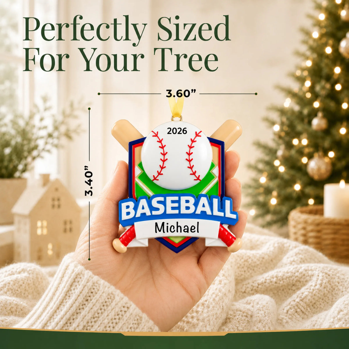 Size guide: the personalized baseball crossed bats christmas ornament is 3.60 in wide by 3.40 in tall, shown in hand
