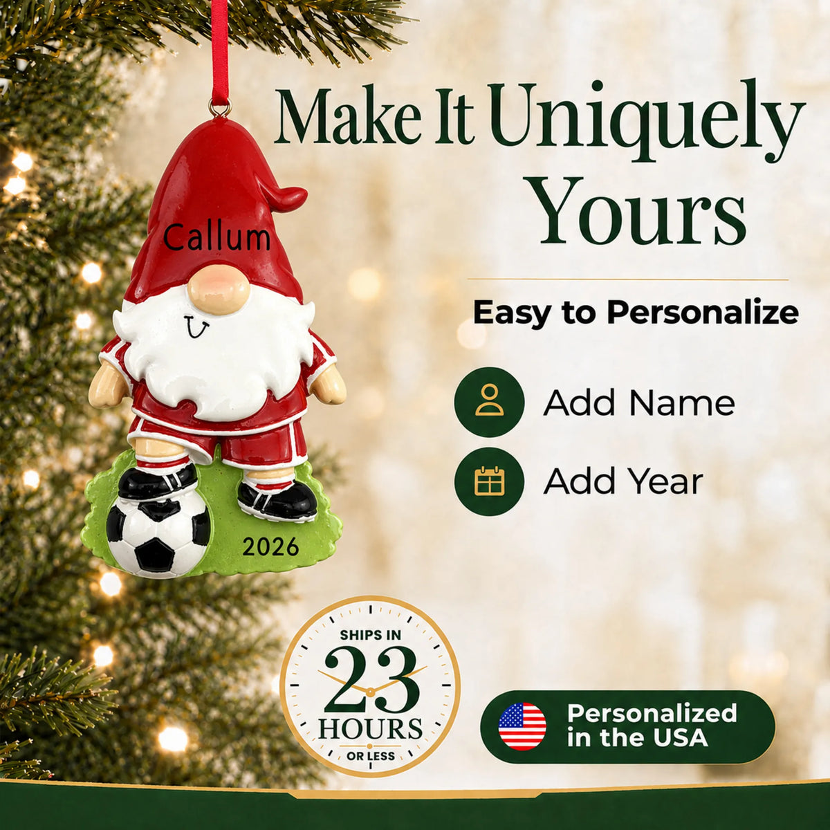 Make it yours: add name and year to the personalized soccer gnome christmas ornament