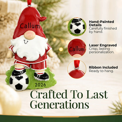 Hand-painted details and laser engraved personalization on the soccer gnome christmas ornament, ribbon included