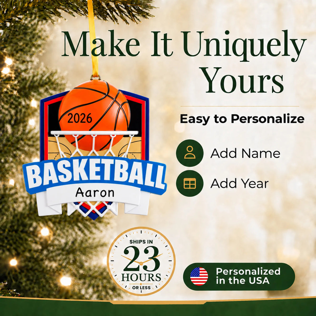 Make it yours: add name and year to the personalized basketball shield christmas ornament