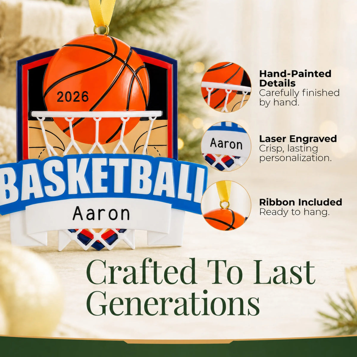 Hand-painted details and laser engraved personalization on the basketball shield christmas ornament, ribbon included