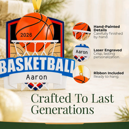 Hand-painted details and laser engraved personalization on the basketball shield christmas ornament, ribbon included