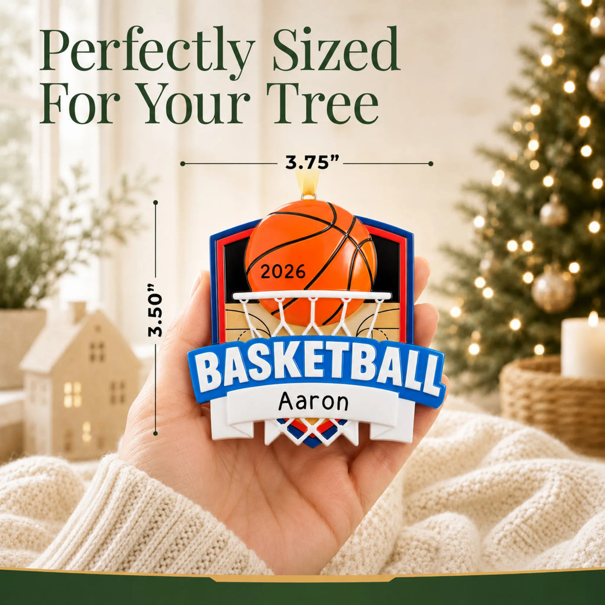 Size guide: the personalized basketball shield christmas ornament is 3.50 in wide by 3.75 in tall, shown in hand