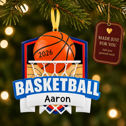 Basketball shield christmas ornament hanging on a lit Christmas tree with a Made Just For You gift tag