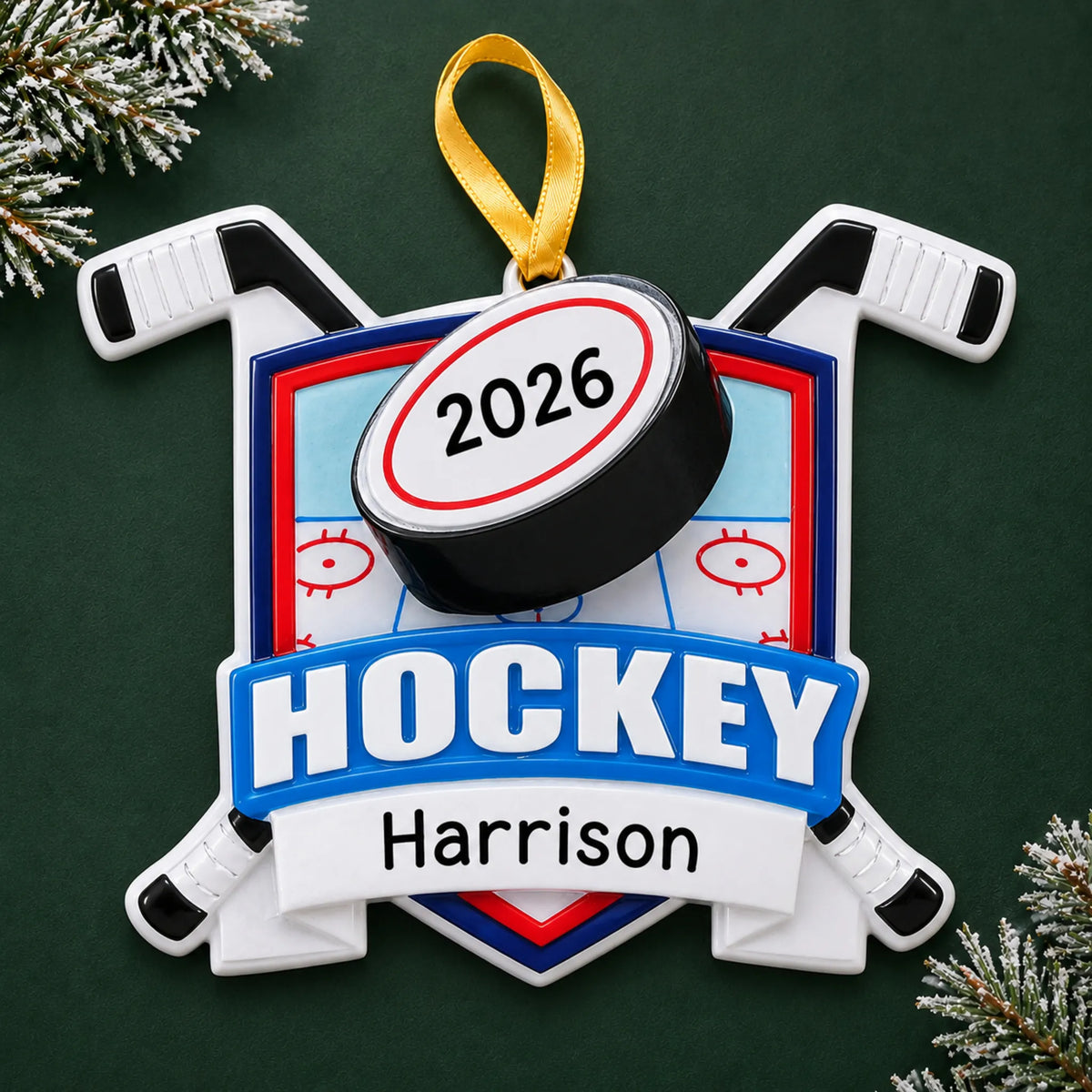 Personalized ice hockey collage christmas ornament on a dark green pine background