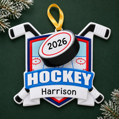 Personalized ice hockey collage christmas ornament on a dark green pine background