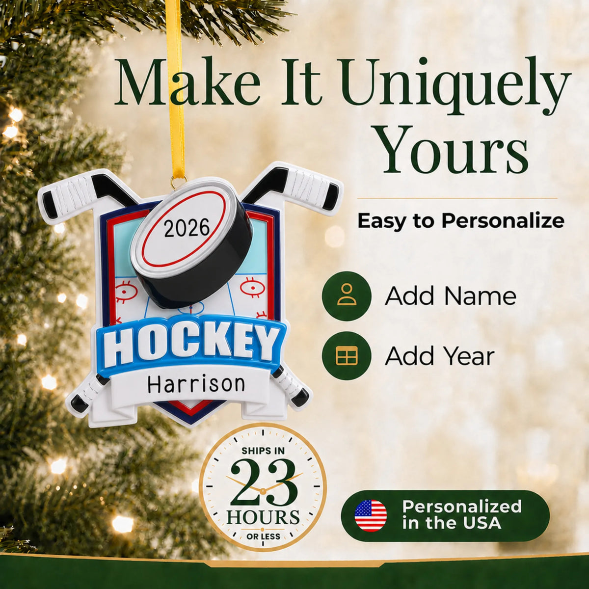 Make it yours: add name and year to the personalized ice hockey collage christmas ornament