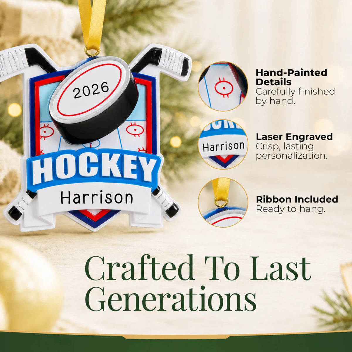 Hand-painted details and laser engraved personalization on the ice hockey collage christmas ornament, ribbon included