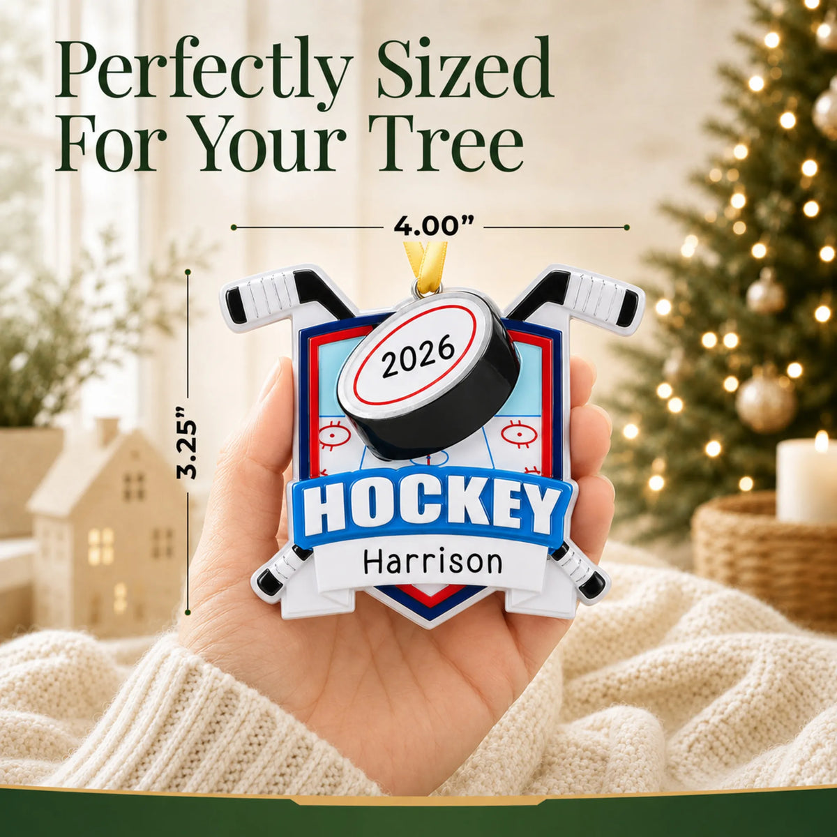 Size guide: the personalized ice hockey collage christmas ornament is 4.00 in wide by 3.25 in tall, shown in hand
