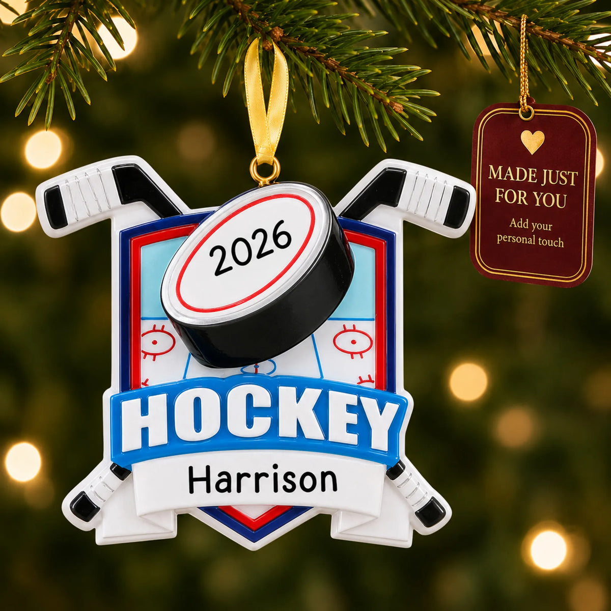 Ice hockey collage christmas ornament hanging on a lit Christmas tree with a Made Just For You gift tag