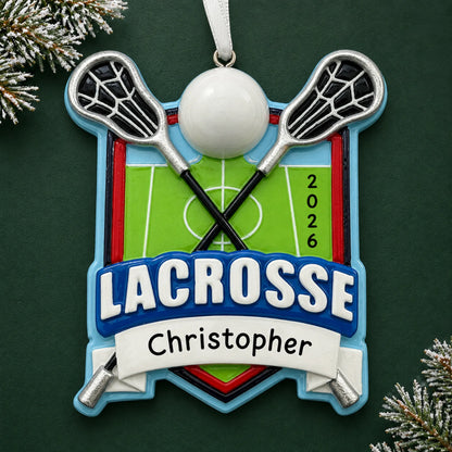 Personalized lacrosse christmas ornament on a dark green pine background